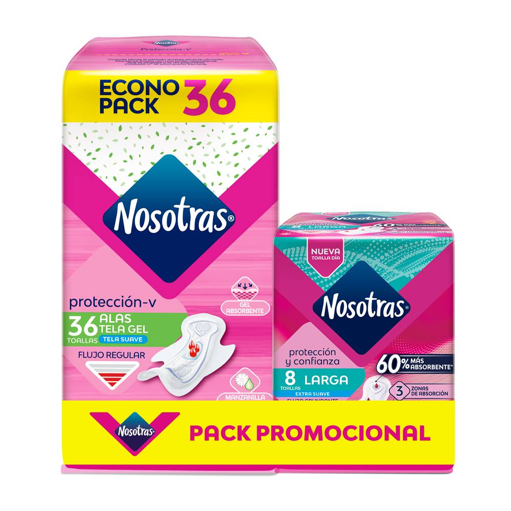 Pack Toallas Higiénicas Nosotras: Tela Gel 36un + Larga Extra Suave 8un