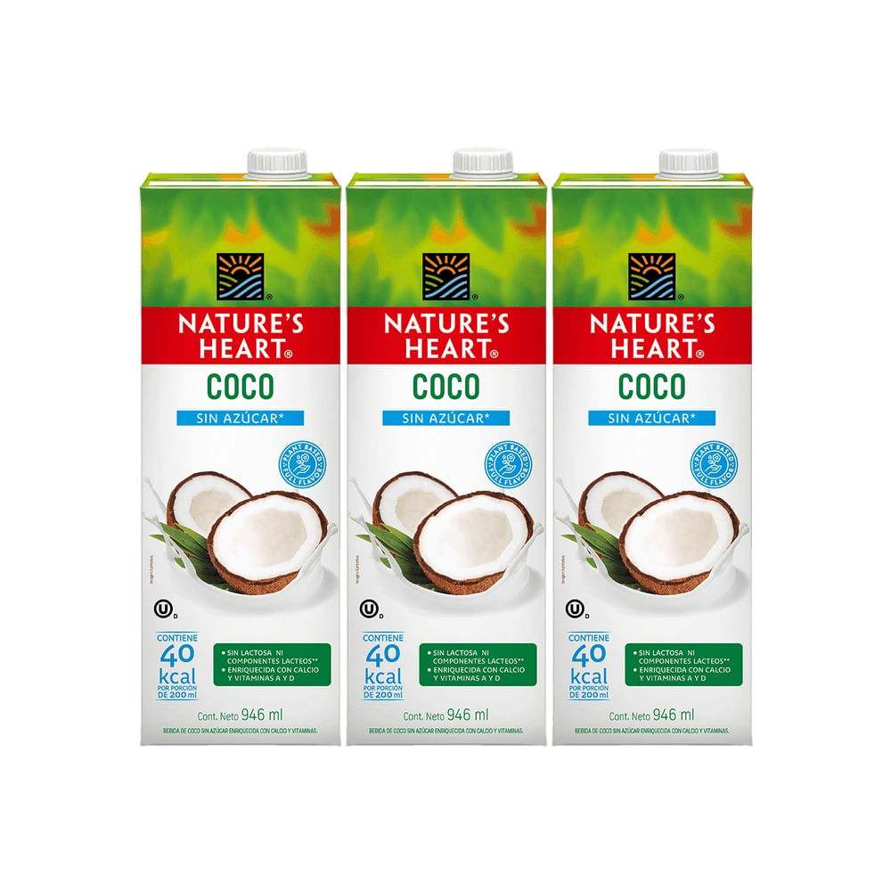 Tripack Bebida de Coco Nature's Heart Sin Azúcar Caja 946ml