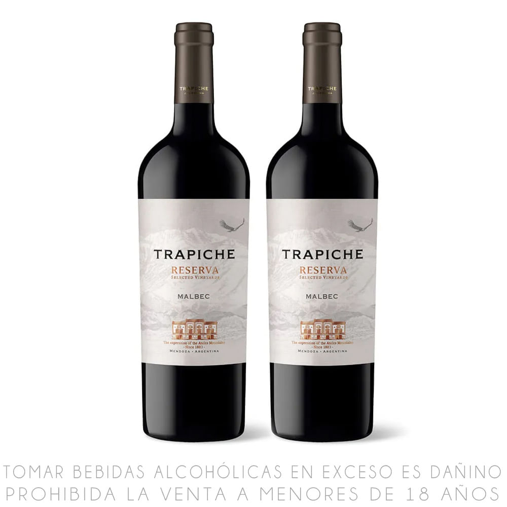 Twopack Vino Tinto Malbec Trapiche Reserva Botella 750ml