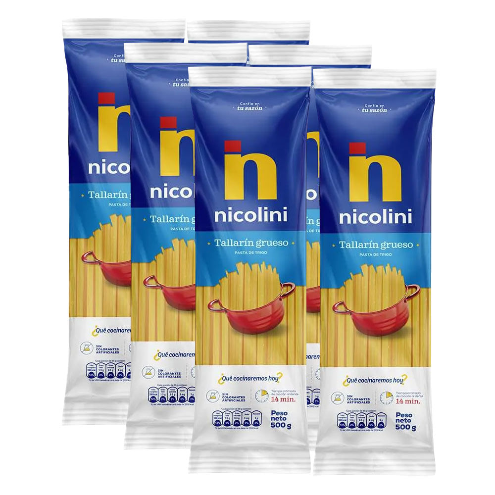 Sixpack Fideo Tallarín Grueso Nicolini 500g