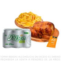 Pollo Rostizado + Papas Fritas + Sixpack Ceveza Pilsen Fresh Lata 355ml
