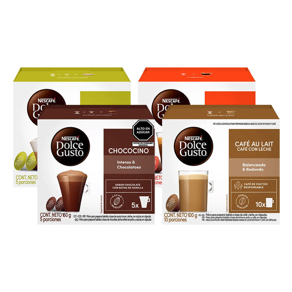 Pack Dolce Gusto: Lungo + Cappuccino + Chococino + Café con Leche