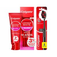 Pack Colgate Luminous White: Pasta Dental Glow 70g + Cepillo Charcoal 2un